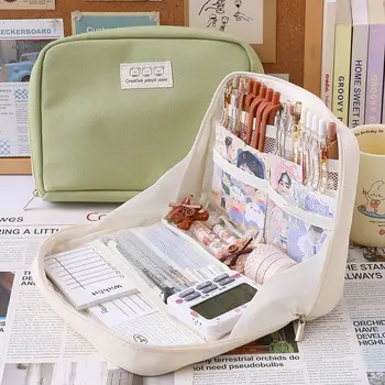 Студентски чанта за моливи с голям капацитет, четки, червило, Органайзер за грим, бежово-розова чанта за съхранение, големи козметични чанти